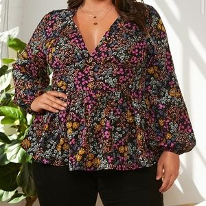 SHEIN Bohemian Deep V Neck Floral Peplum Blouse